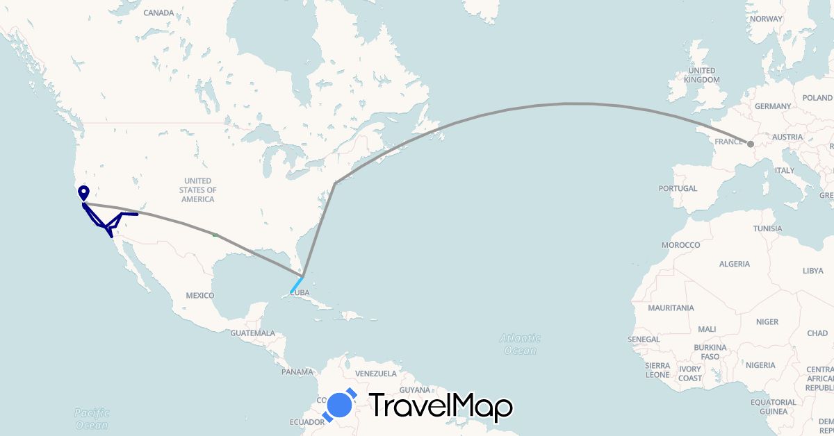 TravelMap itinerary: driving, bus, plane, boat in Switzerland, Cuba, Mexico, United States (Europe, North America)